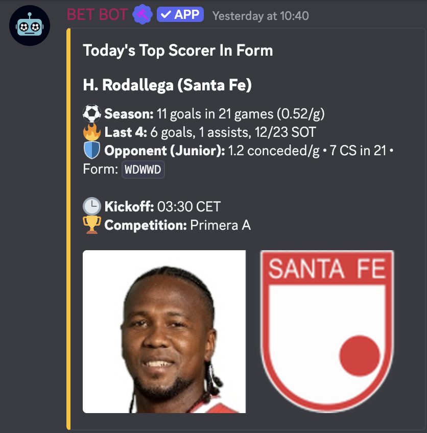 BetBot scorer pick second example in Discord